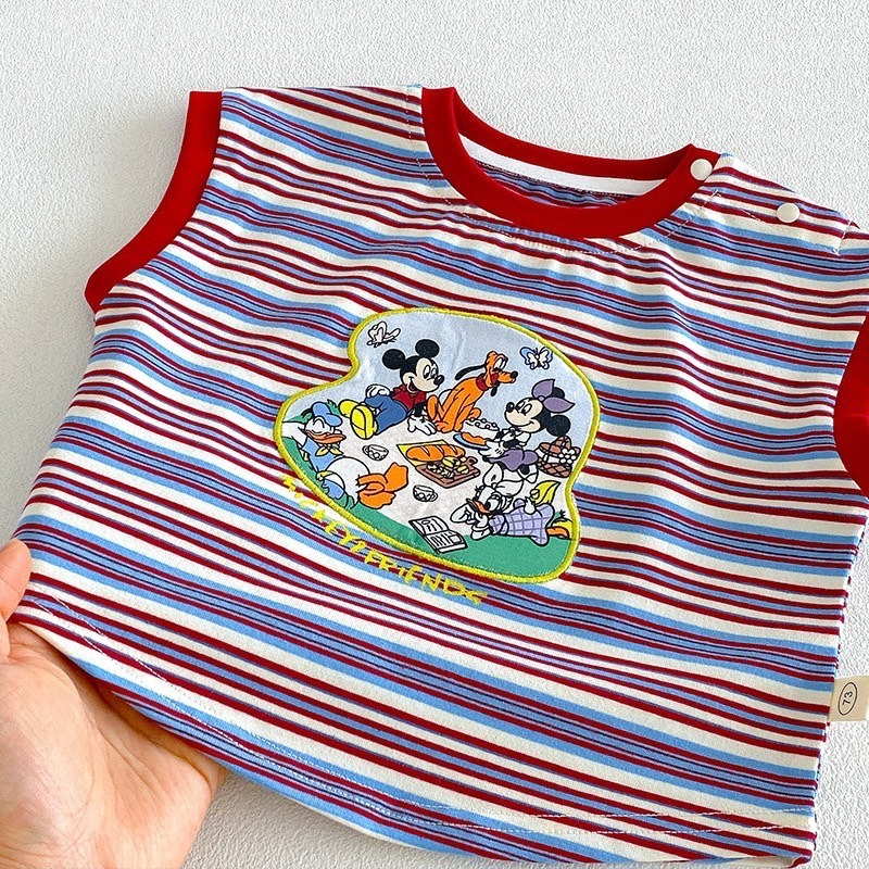芽芽家 - 寶寶夏季米奇家族條紋背心 / 刺繡感牛仔短褲-細節圖4