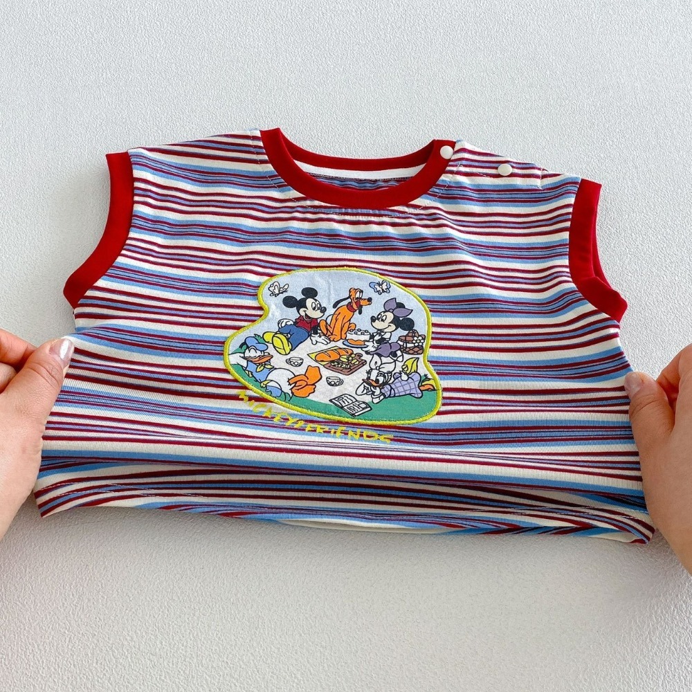芽芽家 - 寶寶夏季米奇家族條紋背心 / 刺繡感牛仔短褲-細節圖5