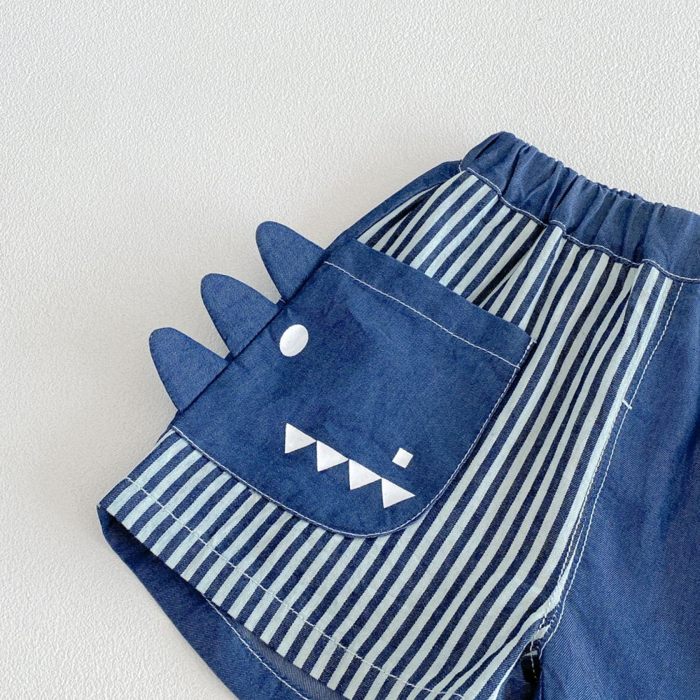 寶寶夏季立體恐龍背鰭條紋牛仔連體背帶褲/撞色牛仔短褲/鯊魚撞色無袖上衣-細節圖9
