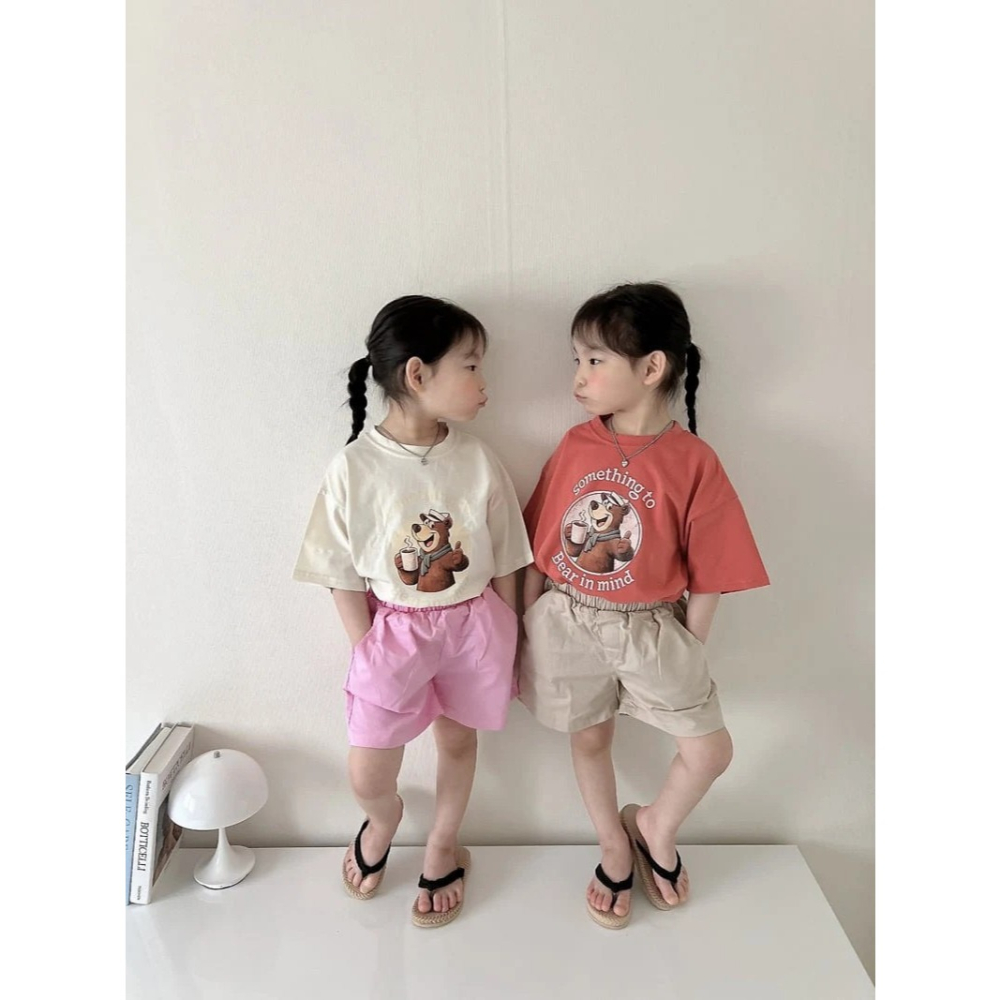 夏季兒童咖啡熊語錄雙色手足短 T-細節圖2