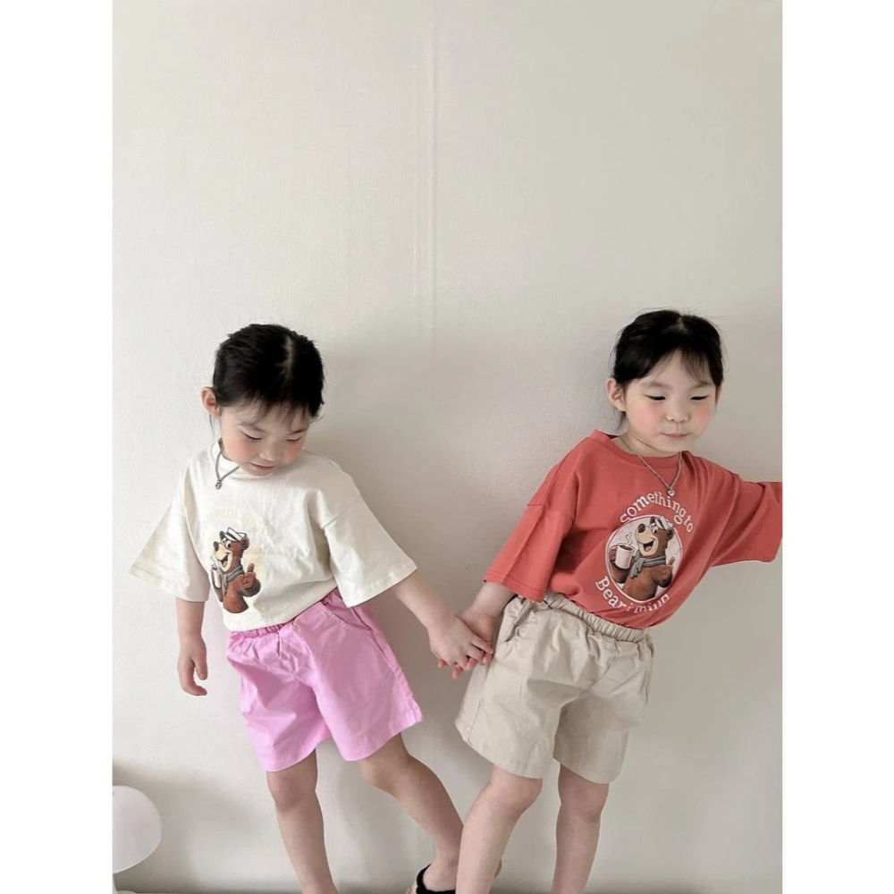 夏季兒童咖啡熊語錄雙色手足短 T-細節圖3
