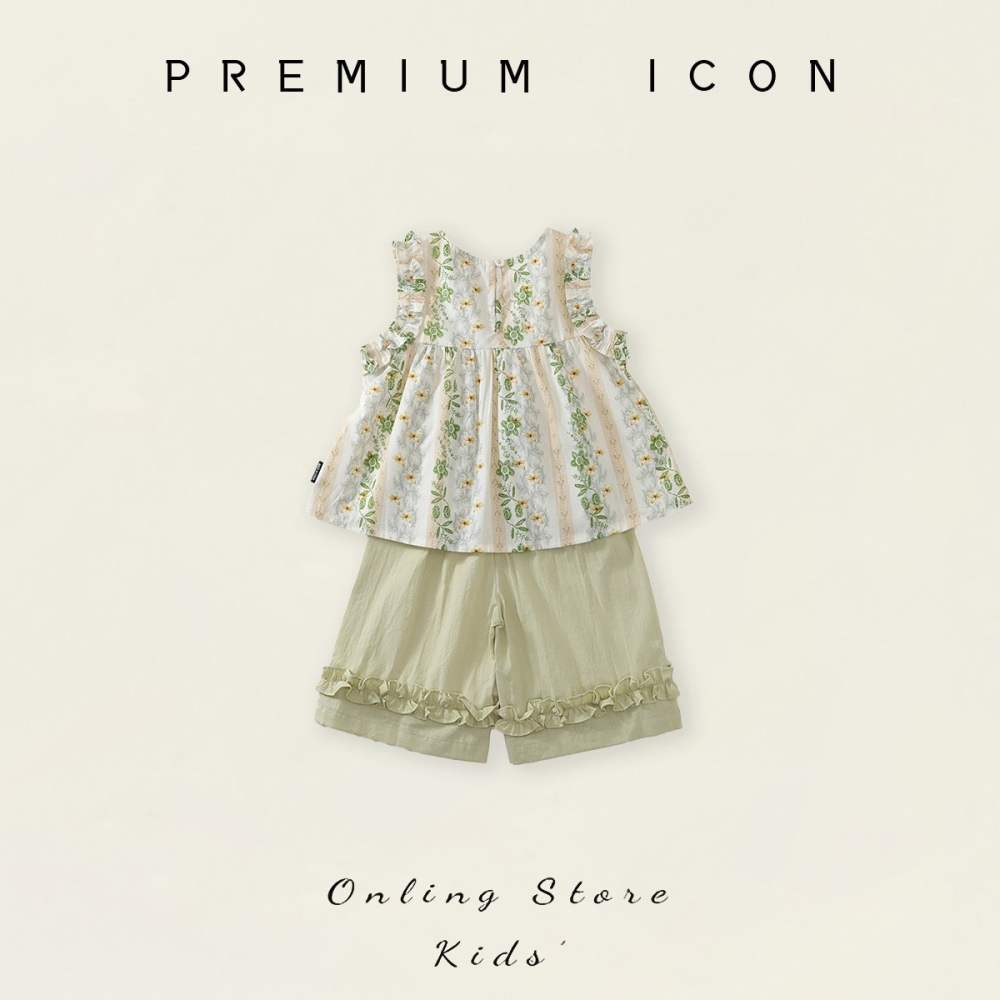 PREMIUM ICON 女童夏季民族風花邊碎花無袖上衣闊腿褲套裝-細節圖2