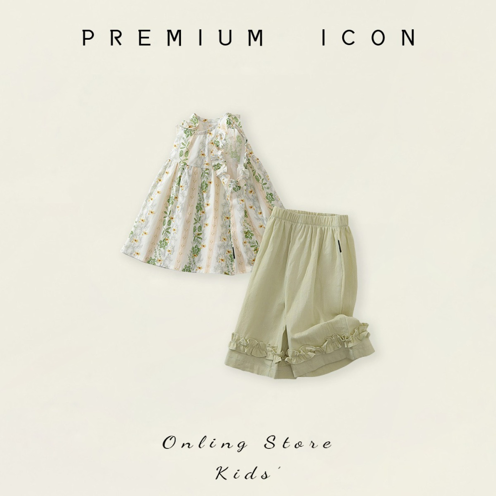 PREMIUM ICON 女童夏季民族風花邊碎花無袖上衣闊腿褲套裝-細節圖3