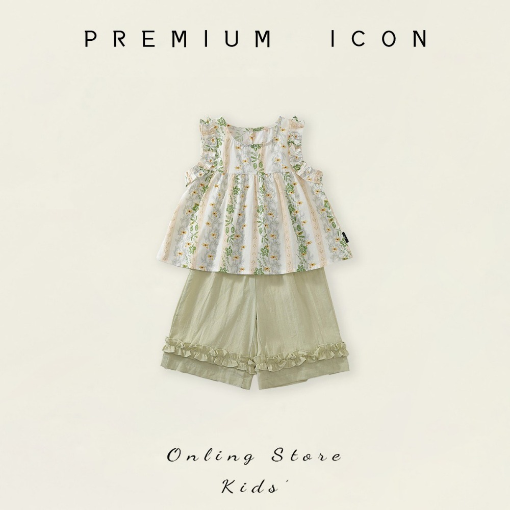 PREMIUM ICON 女童夏季民族風花邊碎花無袖上衣闊腿褲套裝-規格圖7