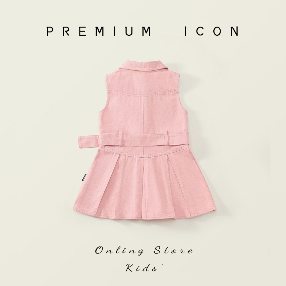PREMIUM ICON 女童粉色工裝百褶背心連衣裙-細節圖2