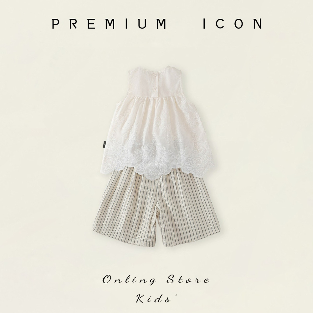 PREMIUM ICON 女童條紋繡花無袖上衣闊腿褲套裝-細節圖2