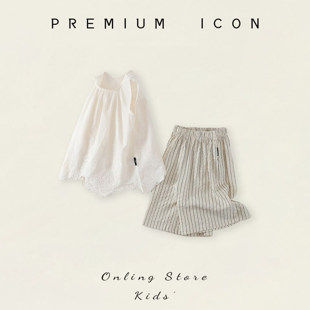 PREMIUM ICON 女童條紋繡花無袖上衣闊腿褲套裝-細節圖3