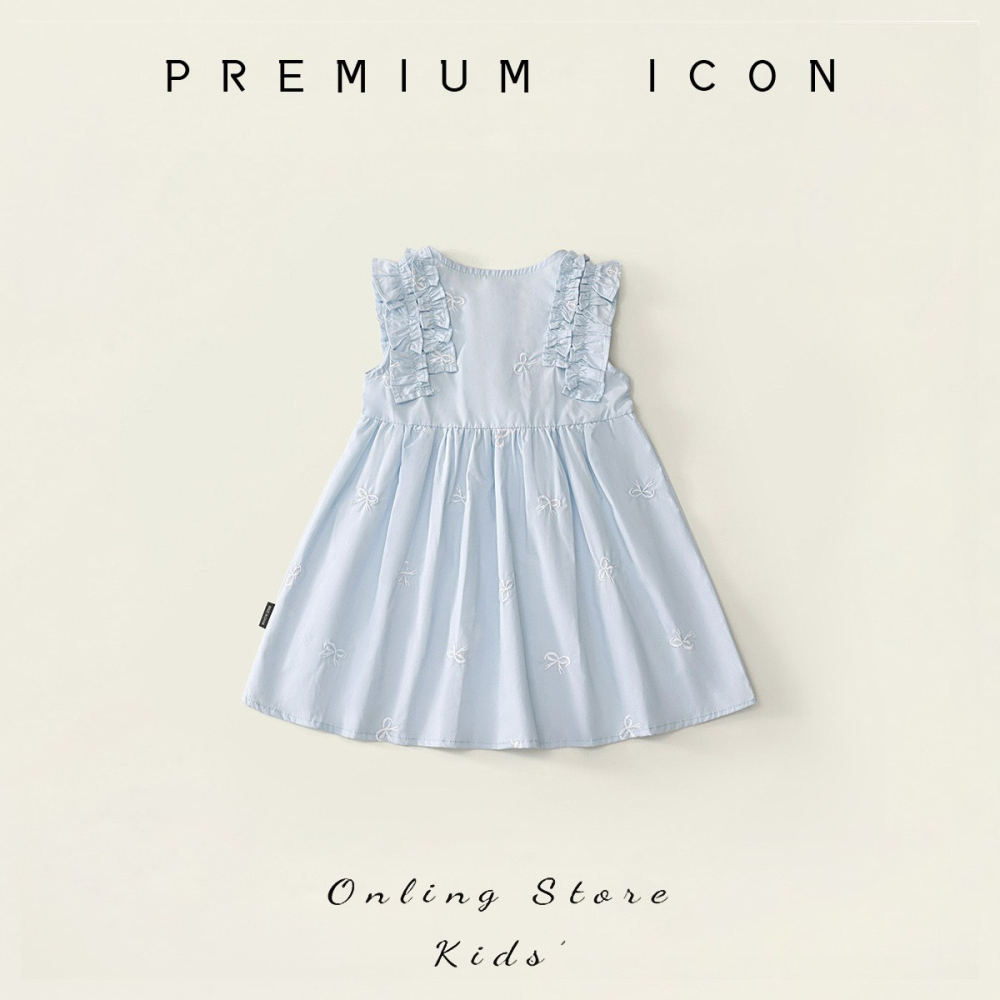 PREMIUM ICON 女童藍色木耳邊蝴蝶結刺繡連衣裙-細節圖2