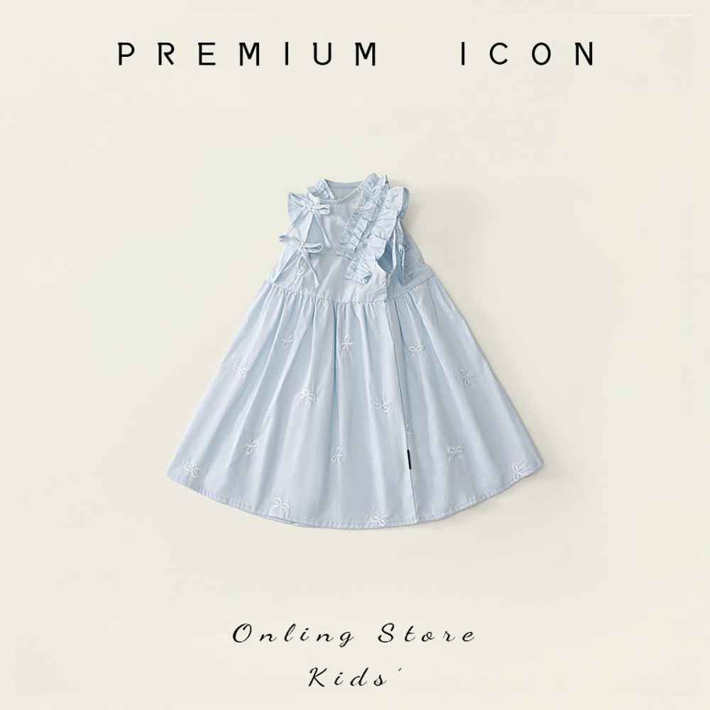 PREMIUM ICON 女童藍色木耳邊蝴蝶結刺繡連衣裙-細節圖3