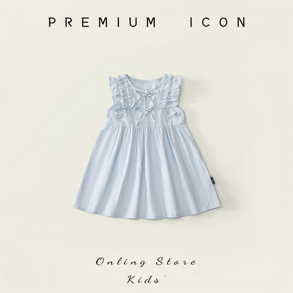 PREMIUM ICON 女童藍色木耳邊蝴蝶結刺繡連衣裙-規格圖6