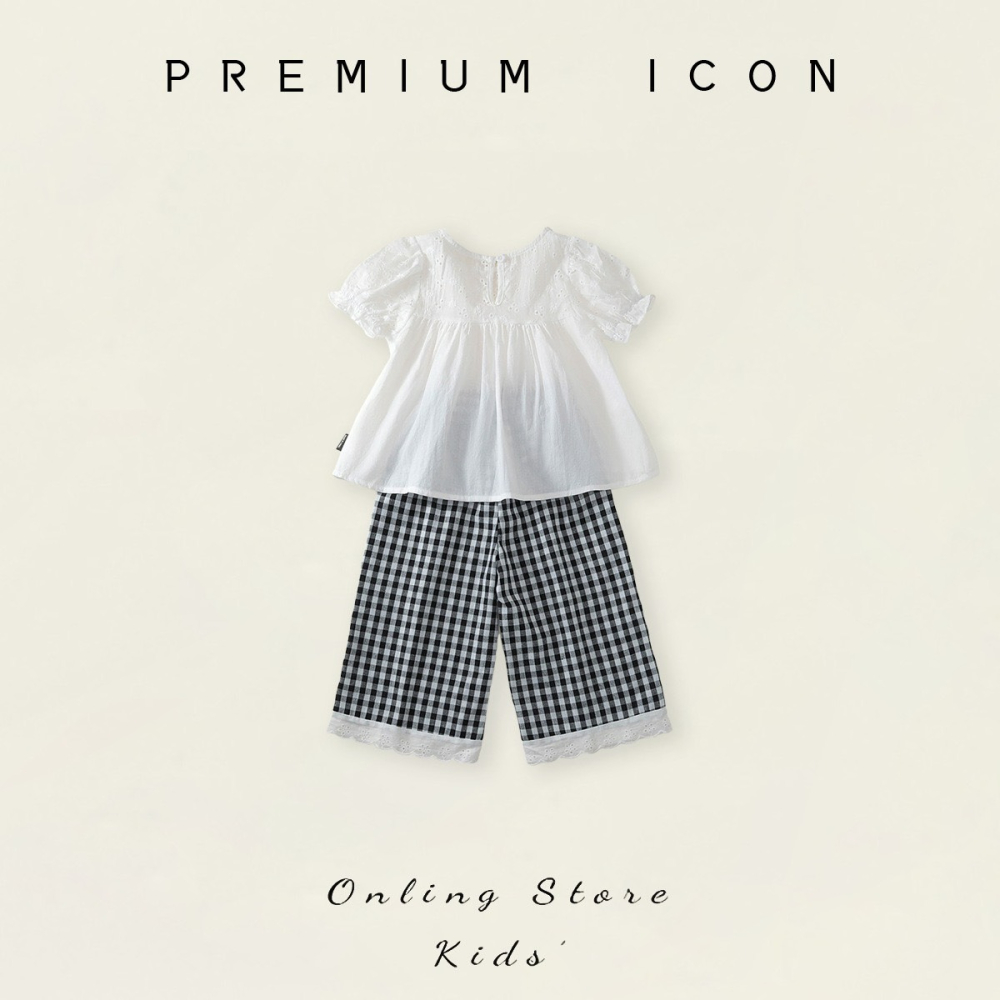 PREMIUM ICON 女童白色娃娃衫格子闊腿褲套裝-細節圖2