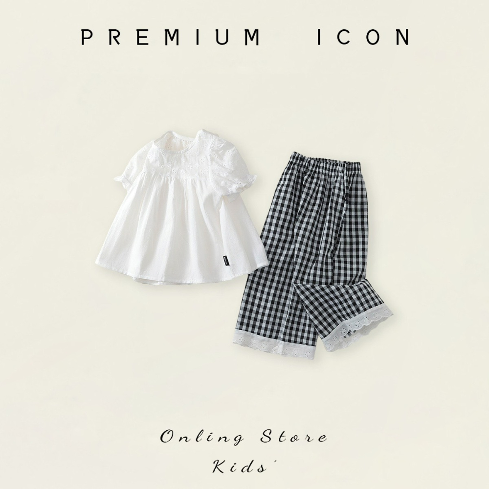 PREMIUM ICON 女童白色娃娃衫格子闊腿褲套裝-細節圖3