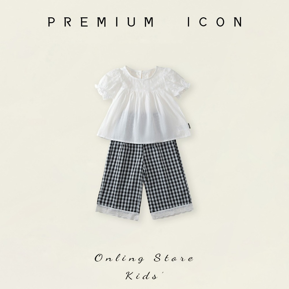PREMIUM ICON 女童白色娃娃衫格子闊腿褲套裝-規格圖8