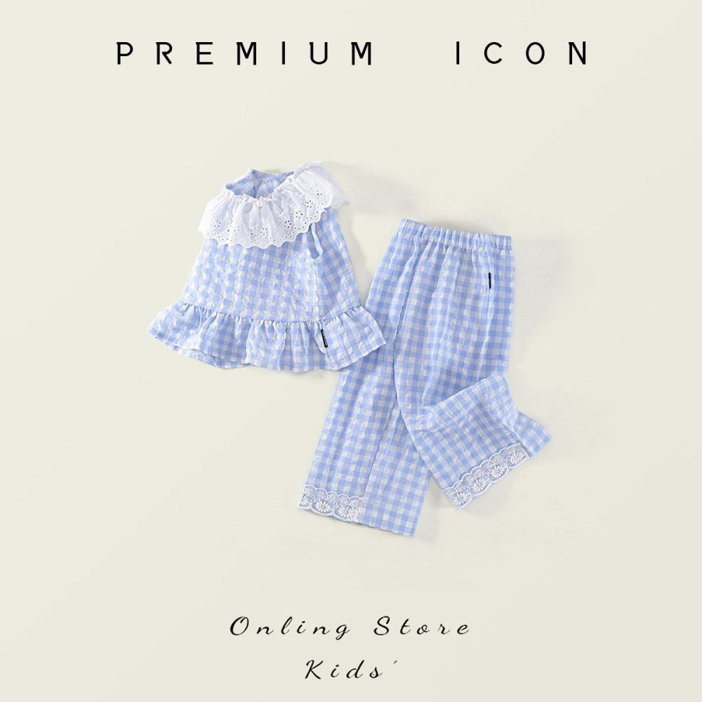 PREMIUM ICON 女童格紋蕾絲領無袖上衣闊腿褲套裝-細節圖3