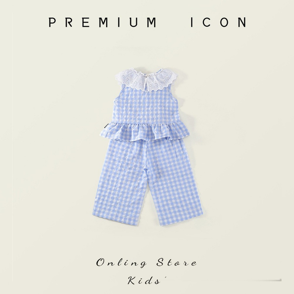 PREMIUM ICON 女童格紋蕾絲領無袖上衣闊腿褲套裝-規格圖7