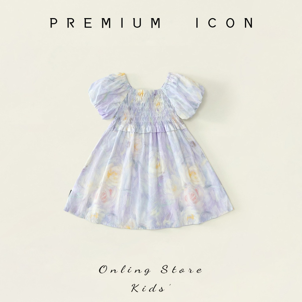 PREMIUM ICON 女童小清新碎花方領泡泡袖連衣裙-細節圖2