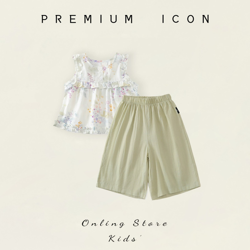 PREMIUM ICON 女童田園風碎花花邊闊腿褲套裝-細節圖2