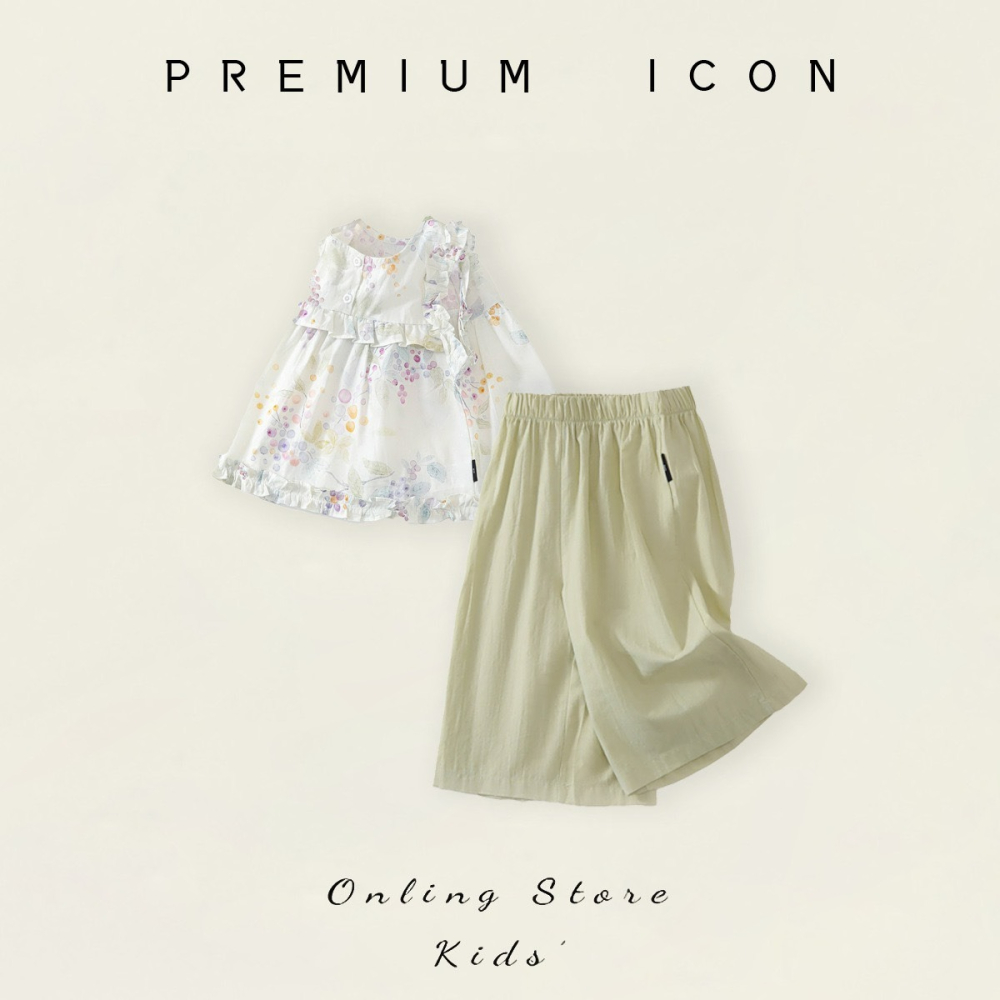 PREMIUM ICON 女童田園風碎花花邊闊腿褲套裝-細節圖3