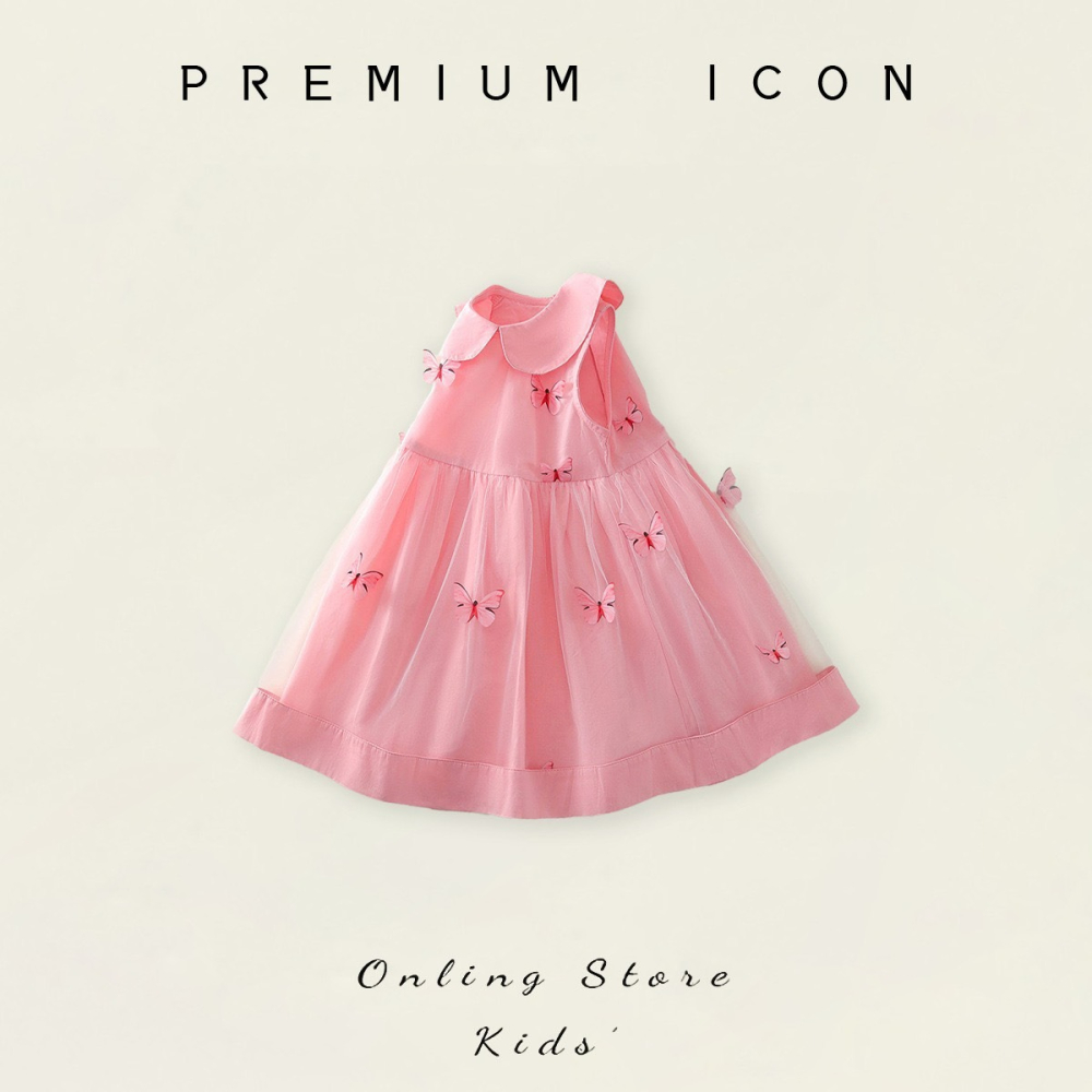 PREMIUM ICON 女童蝴蝶翻領網紗拼接連衣裙-細節圖3