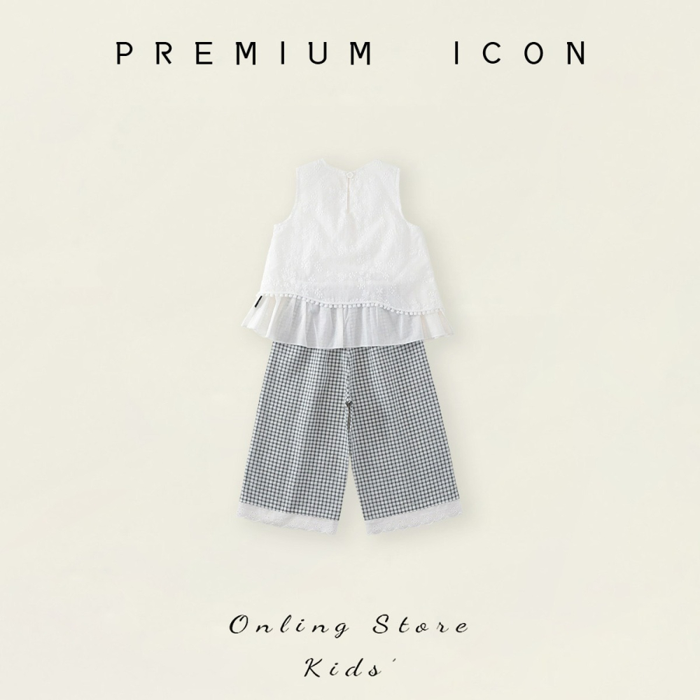 PREMIUM ICON 女童蕾絲無袖背心格子褲套裝-細節圖2