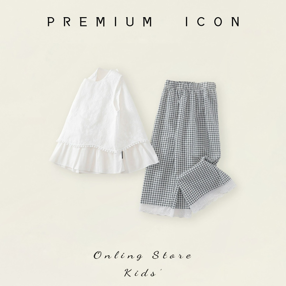 PREMIUM ICON 女童蕾絲無袖背心格子褲套裝-細節圖3