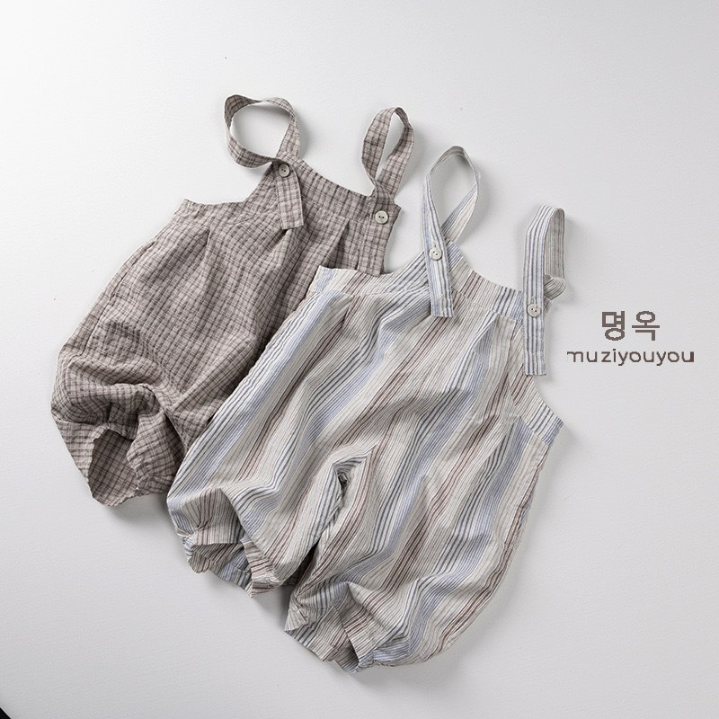 Muziyouyou 兒童日系薄款條紋格子吊帶褲-細節圖2