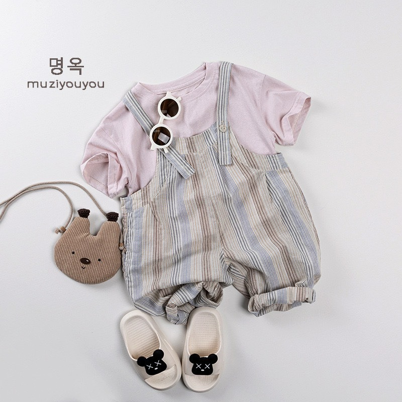 Muziyouyou 兒童日系薄款條紋格子吊帶褲-細節圖3