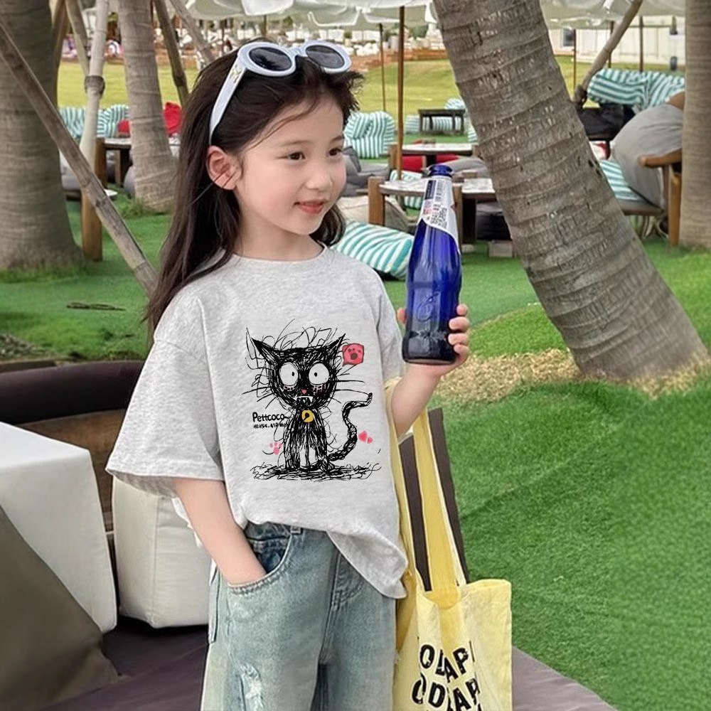 女中大童塗鴉黑貓短袖T恤-細節圖4