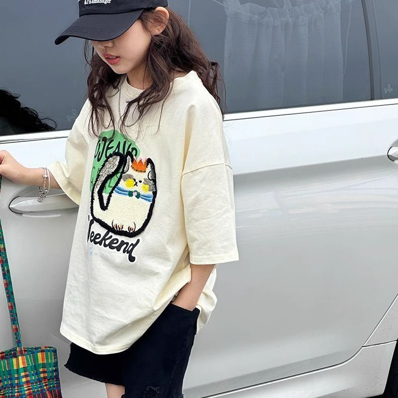 女中大童塗鴉貓貓杏色T恤-細節圖4