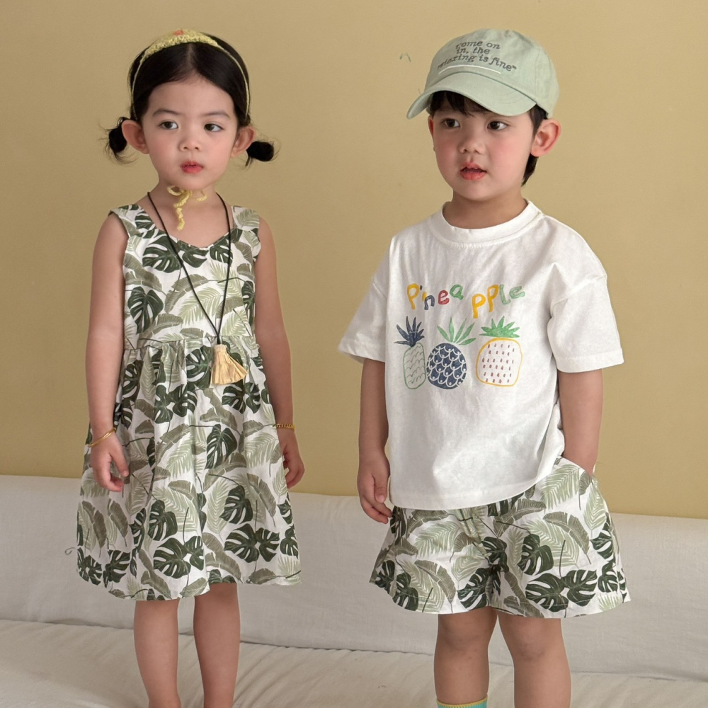 兒童夏季夏日鳳梨葉印花套裝/連衣裙-細節圖2