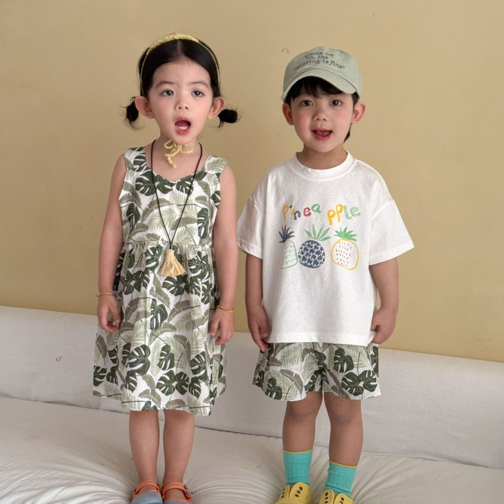 兒童夏季夏日鳳梨葉印花套裝/連衣裙-細節圖3