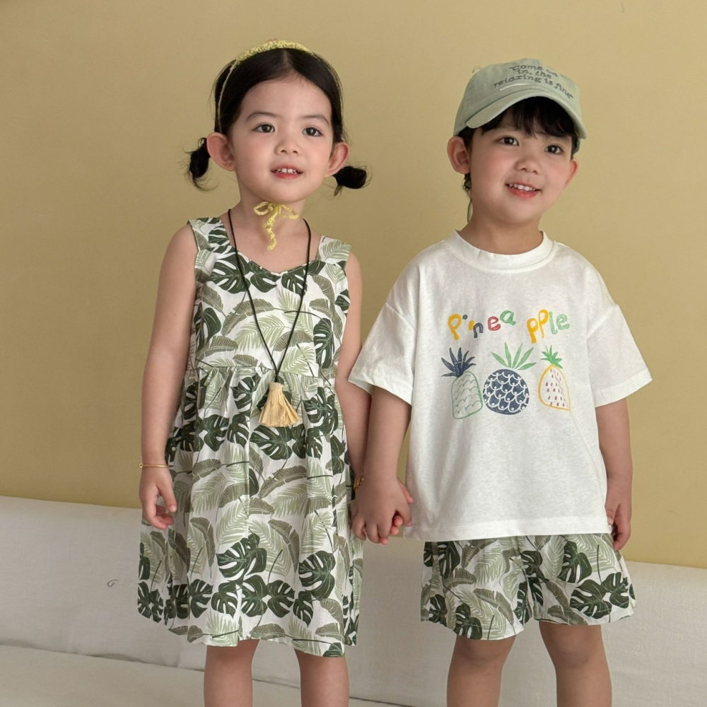 兒童夏季夏日鳳梨葉印花套裝/連衣裙-細節圖4