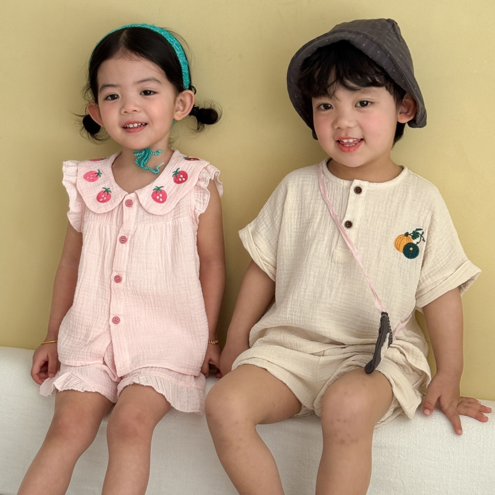 兒童夏季草莓棉紗兄妹套裝-細節圖2