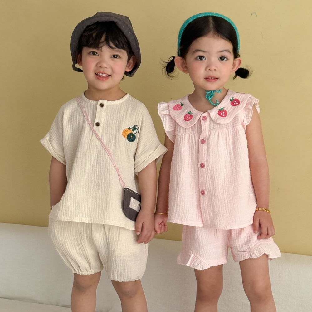 兒童夏季草莓棉紗兄妹套裝-細節圖3