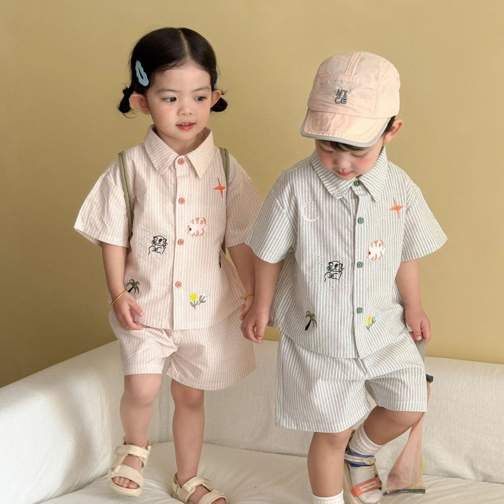 兒童夏季小清新刺繡條紋套裝-細節圖3
