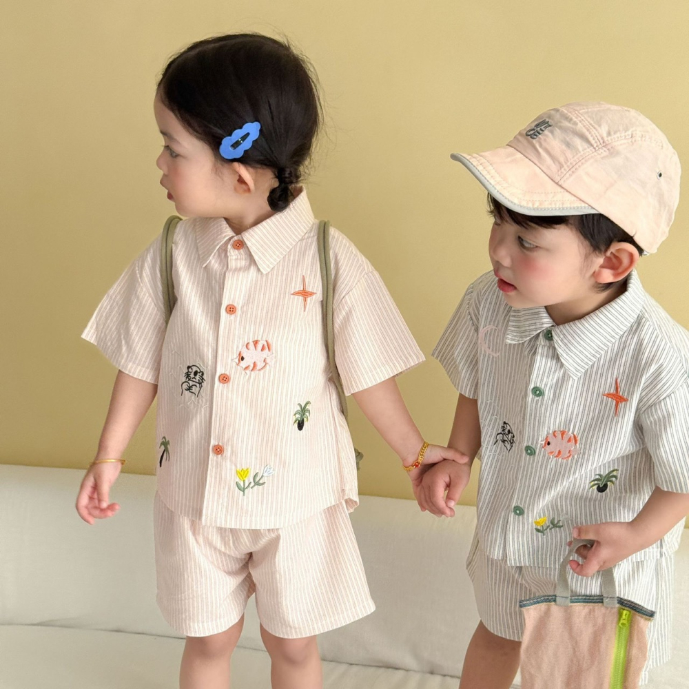 兒童夏季小清新刺繡條紋套裝-細節圖4