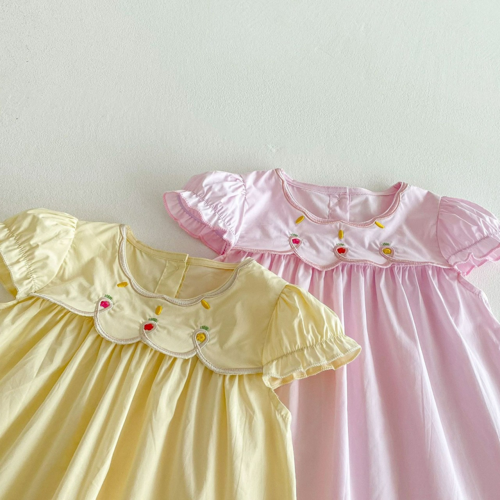 Angou女童韓版花朵刺繡短袖洋裝-細節圖6