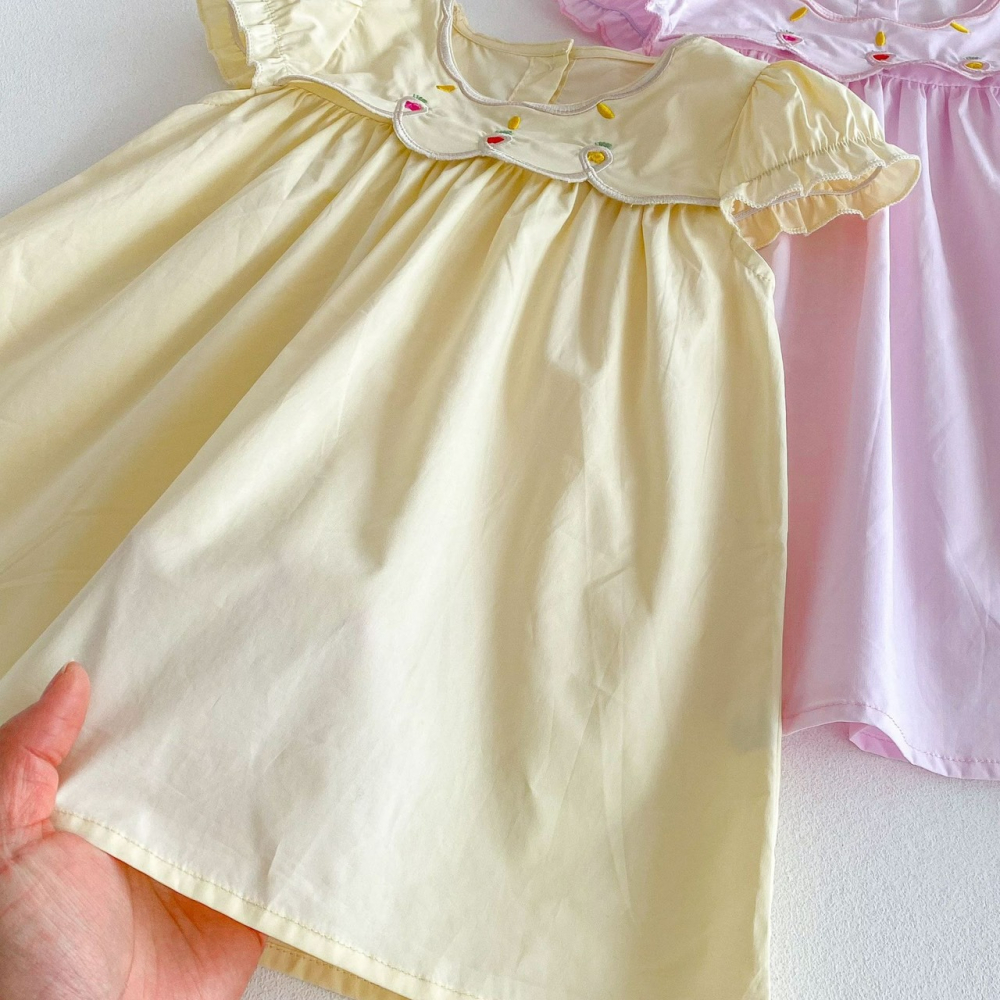 Angou女童韓版花朵刺繡短袖洋裝-細節圖7