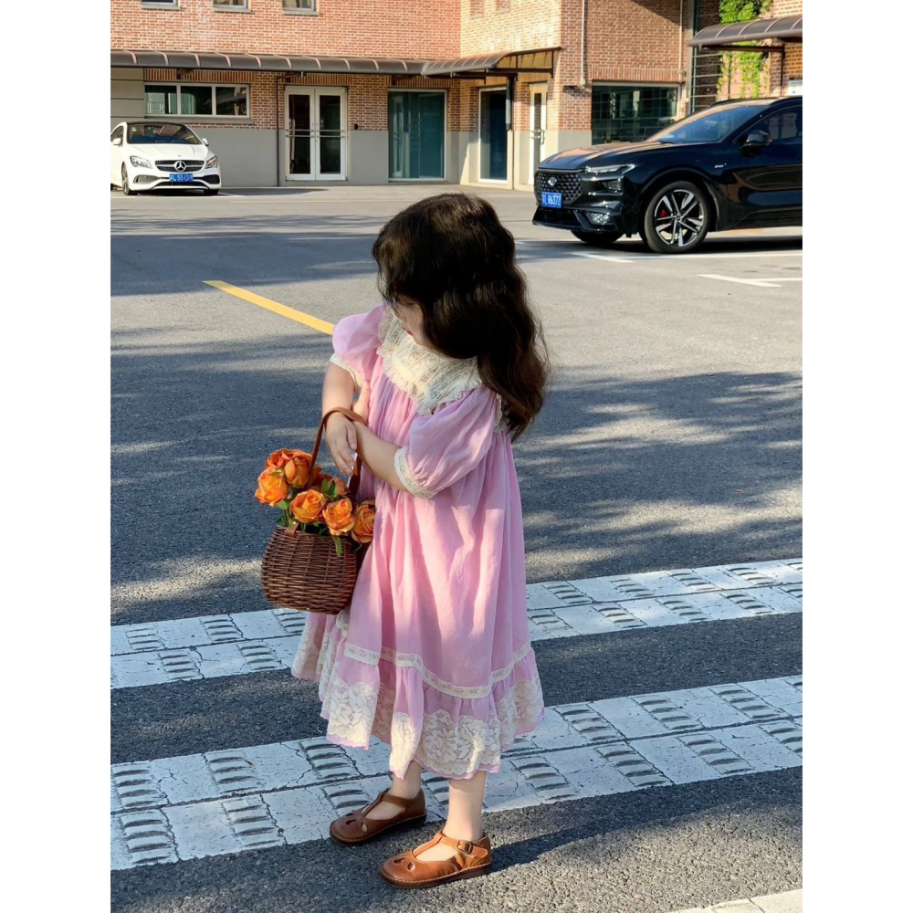 女童蕾絲拼接泡泡袖公主洋裝-細節圖2