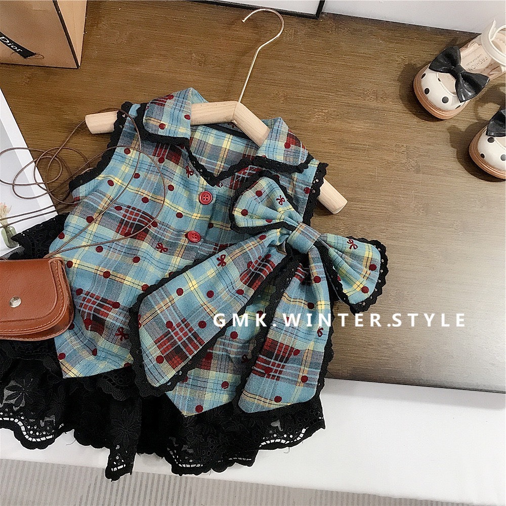 GMK 女童學院風蝴蝶結格紋上衣/蛋糕裙-細節圖2