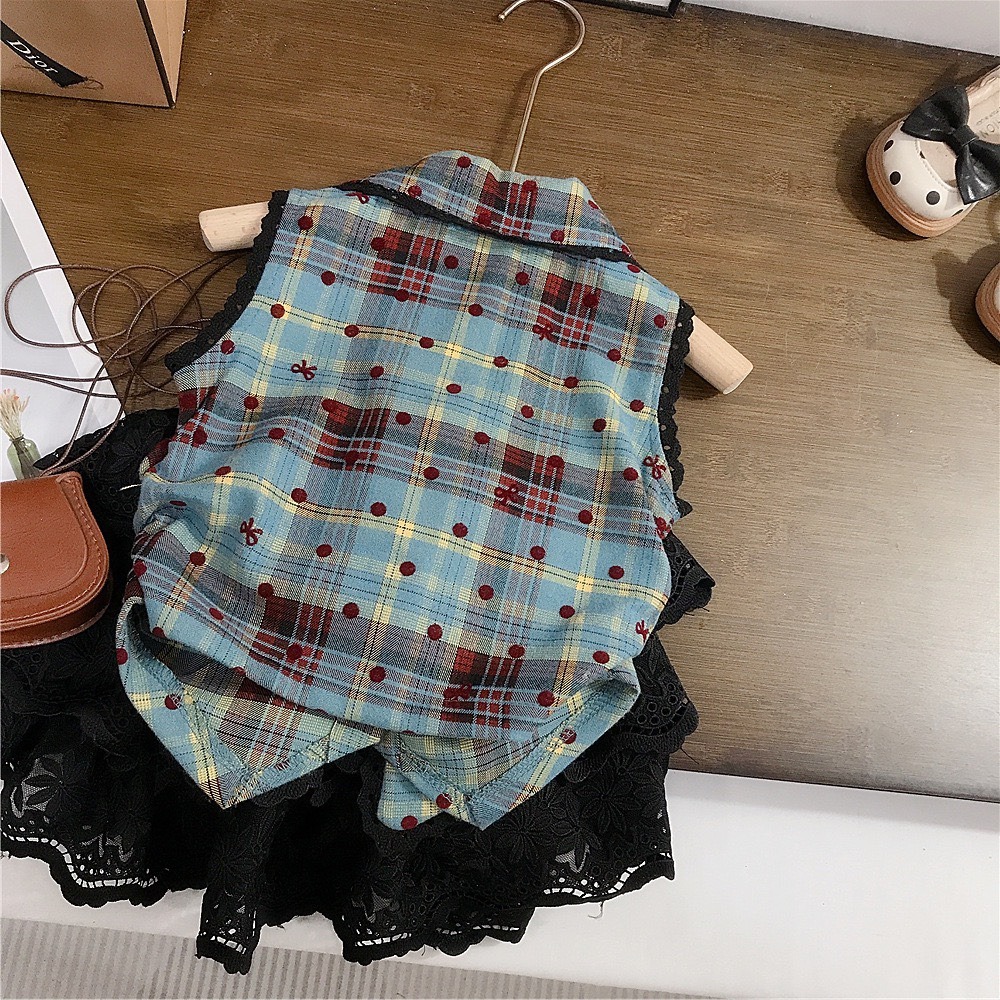 GMK 女童學院風蝴蝶結格紋上衣/蛋糕裙-細節圖3