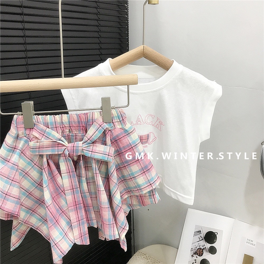 GMK 女童不規則格紋短裙套裝-細節圖3