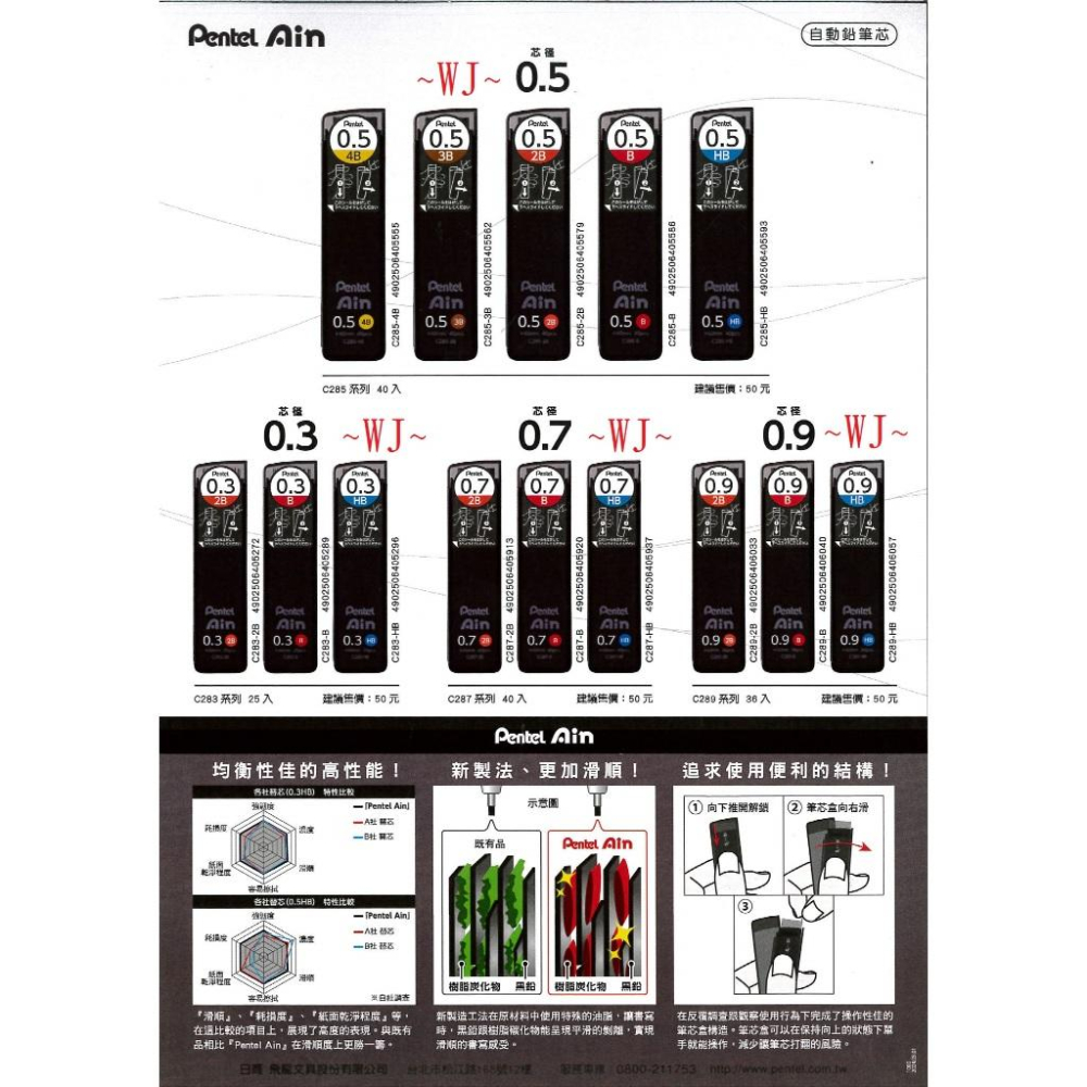 飛龍 Pentel C283 C287 C285 C289 HB 2B 4B 自動筆芯 0.3 0.5 0.7 0.9-細節圖2