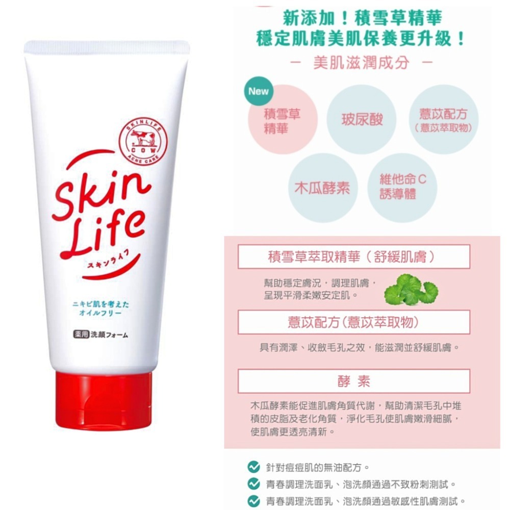 日本牛乳石鹼大王 skinlife 滋卿愛青春調理預防面皰洗面乳 抗痘洗面霜 洗面奶 潔顏乳 滋卿愛洗面乳-細節圖2