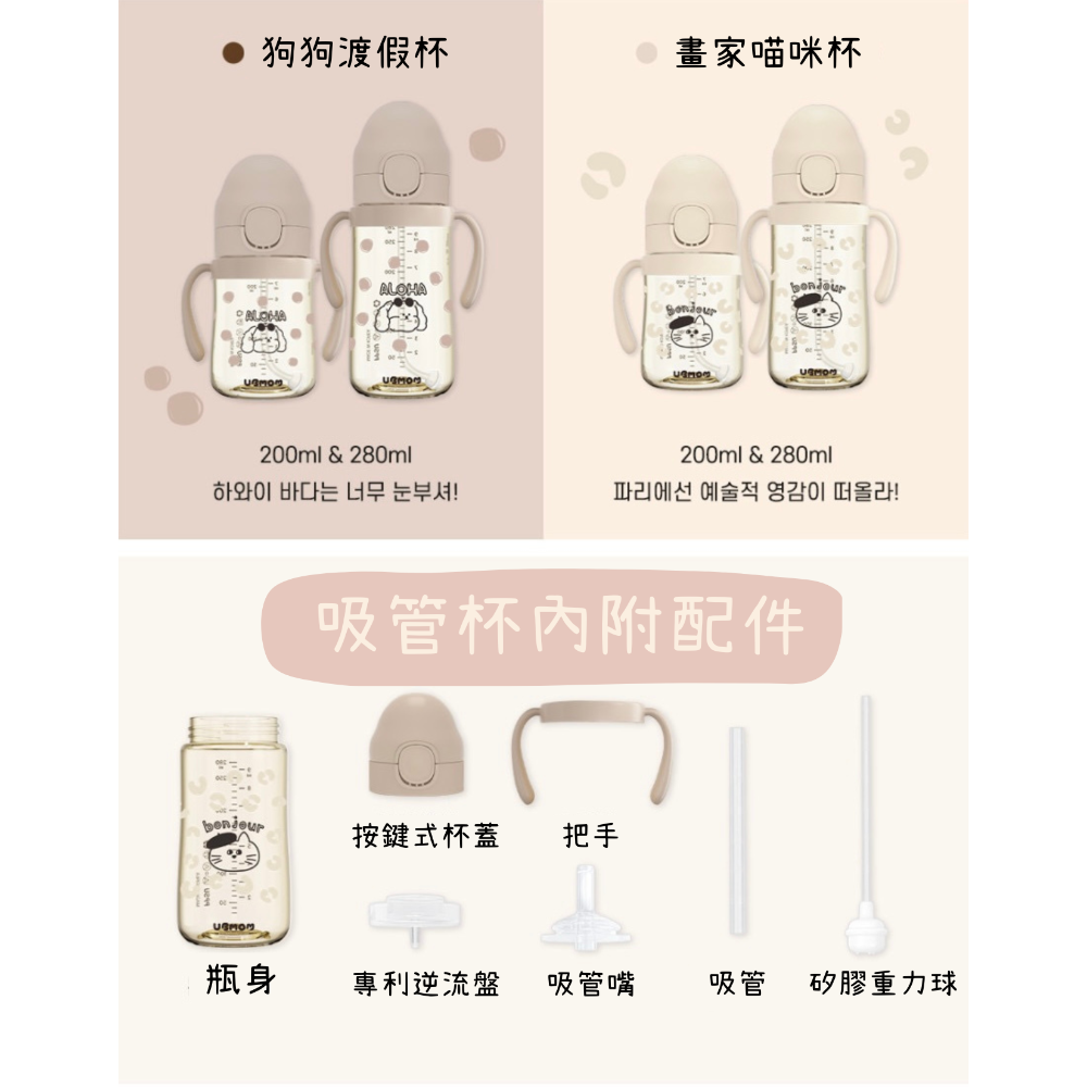 正韓UBMOM2025新款畫家貓咪、狗狗渡假風食物渣渣防回流水杯。台灣區認證經銷商。奶瓶、水杯任選4個贈透明防水提袋-細節圖5