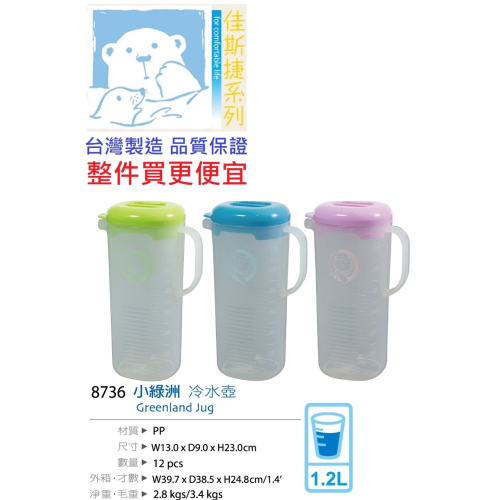 台灣製造《現貨》JUSKU 佳斯捷 8736-小綠洲冷水壺 1200ml 水壺 耐高溫120度