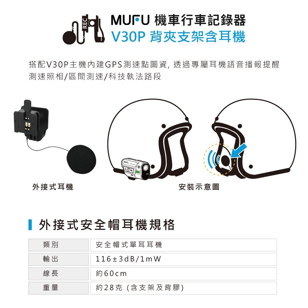 MUFU V30P機車行車記錄器配件-安全帽背夾支架含耳機-細節圖8