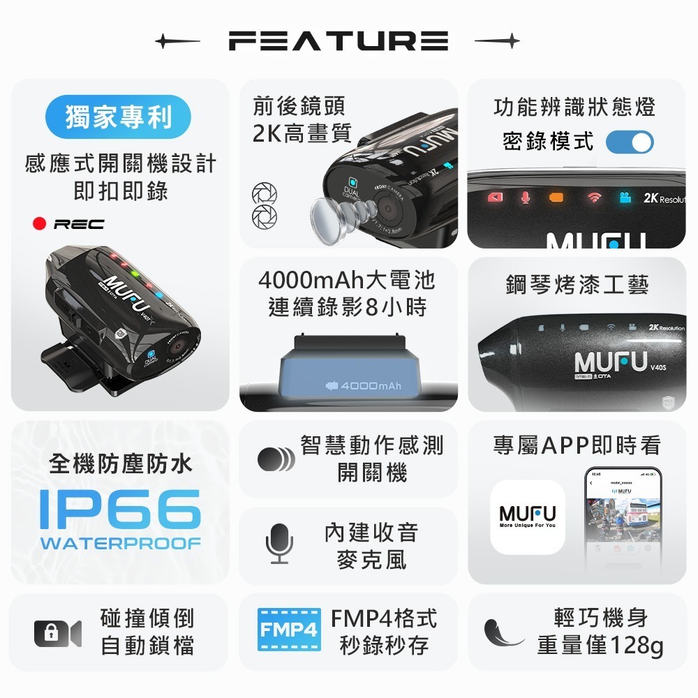 MUFU 雙鏡頭機車行車記錄器 V40T極光機(頭頂款) - 星曜黑｜贈64GB記憶卡-細節圖4