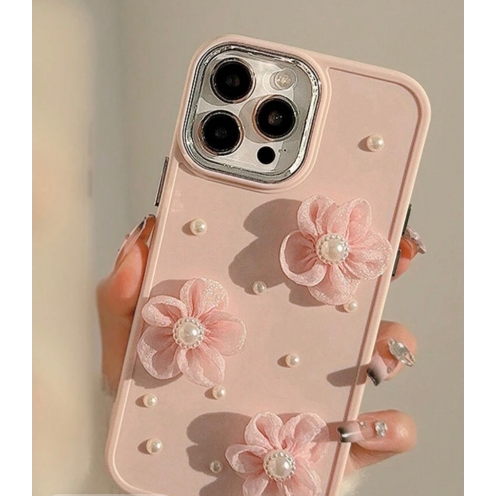 ins風3D珍珠心型和花朵手機殼-3色-細節圖2