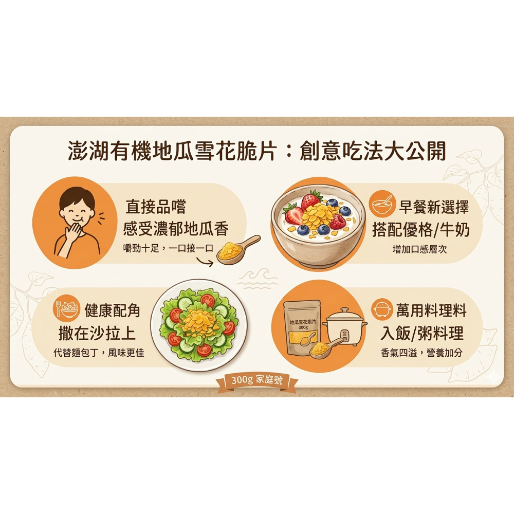 【阡源鮮蒔光】澎湖沙地種植．有機無農藥．地瓜雪花脆片．如雪花般厚實有感的全新體驗(300g家庭號)-細節圖3